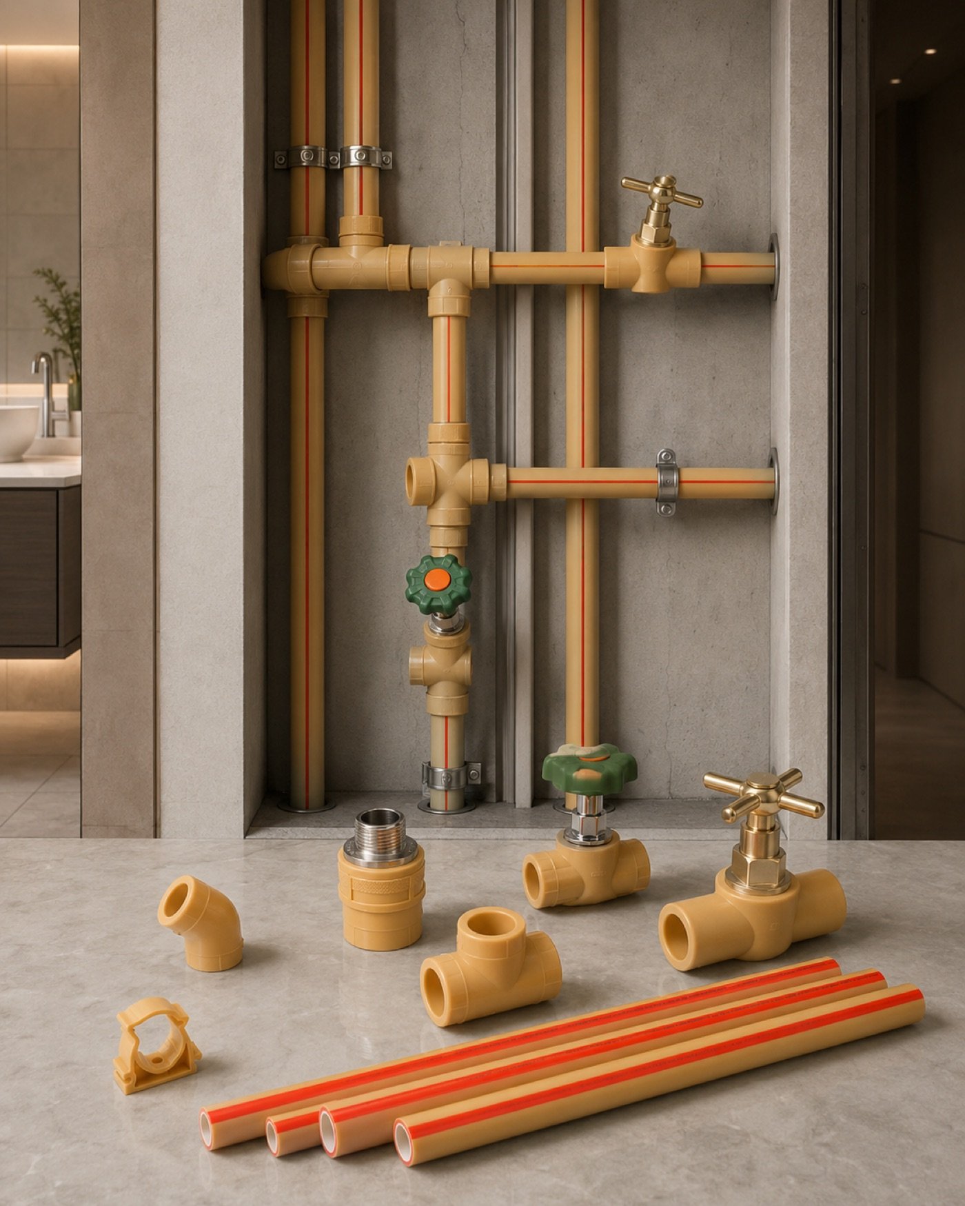 Hitze PP-R water supply piping installed in a bathroom wall